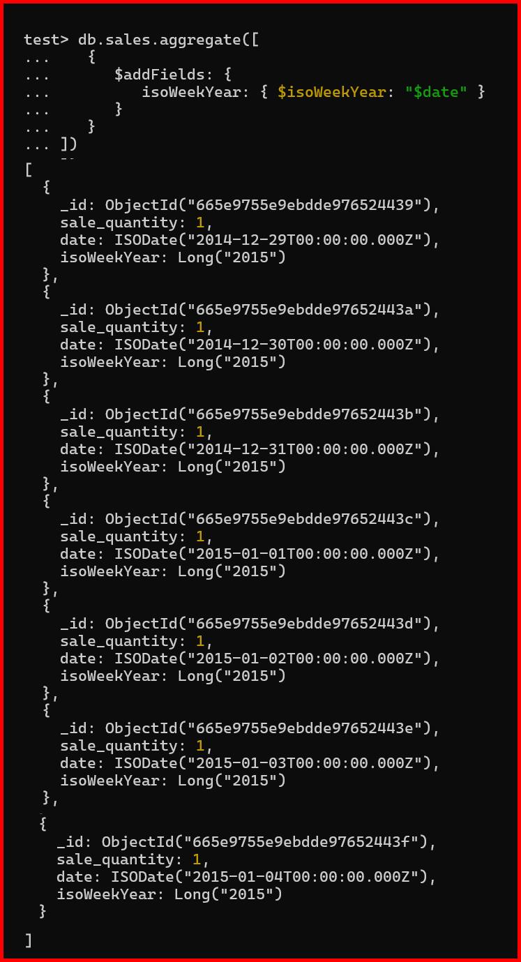 Picture showing the output of $isoweekyear operator in mongodb